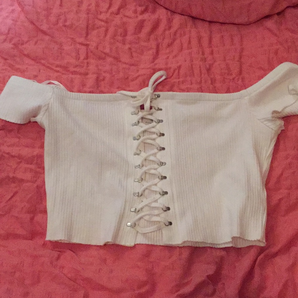 White Lace Up Off The Shoulder Top
